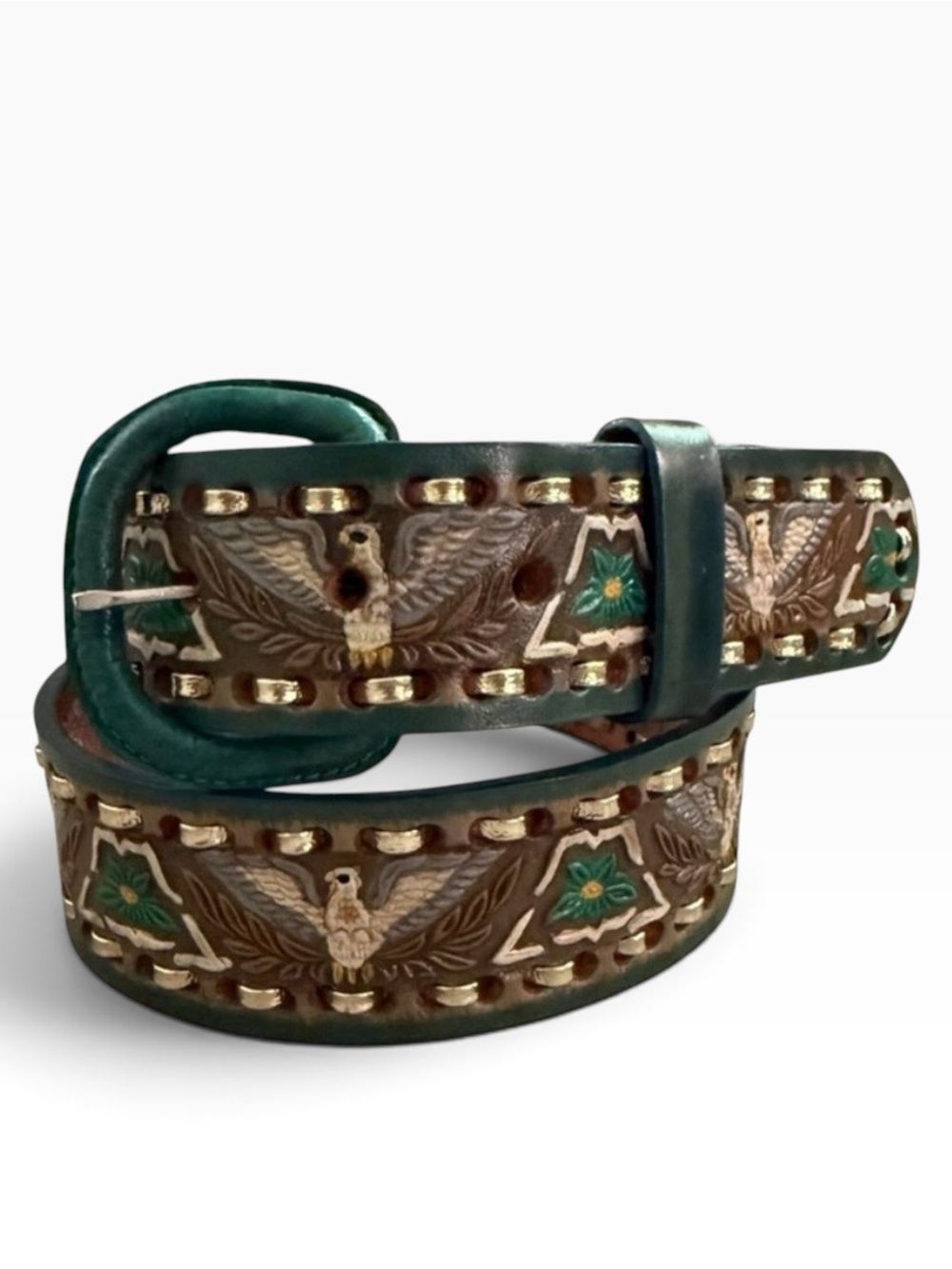 VTG Western Mallory Tooled Whip Stitched Belt Turquoise Green Brown 32, 38, 40